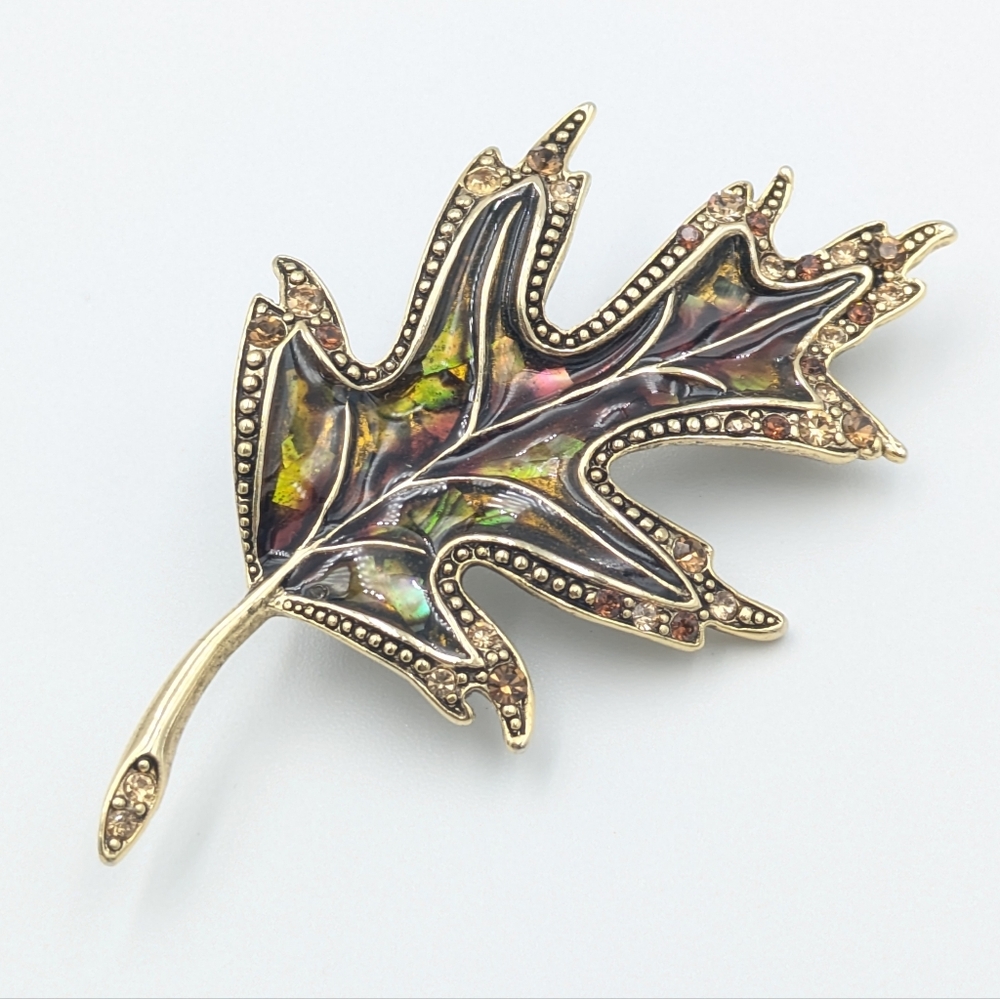 Liz Claiborne Autumn Leaf Brooch - LC rhinestone and Enameled Leaf Pin